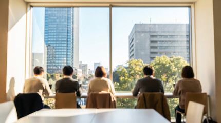 Fototapeta premium Back view of diverse business people looking out a large window at a sunny city skyline with modern buildings
