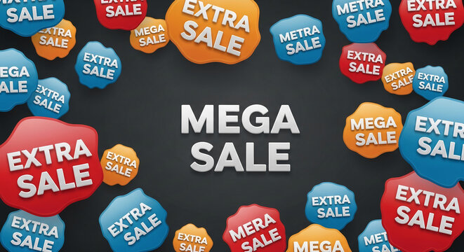 Colorful labels with "Mega Sale", "Extra Sale", "Metra Sale" text against black background, symbolizing discount promotion, business offer