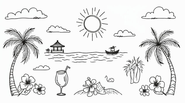 Minimal beach scene line drawing with sun ocean palm trees summer tropical outline illustration.