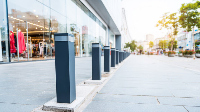 Sleek metal bollards lining a modern sidewalk next to a storefront, guiding pedestrian paths and defining urban space