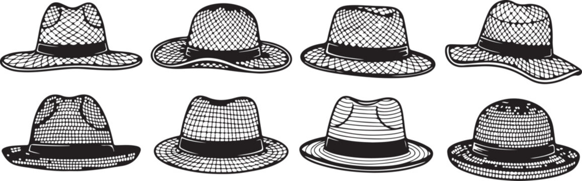 Collection of eight different patterned flat caps in black and white Vector