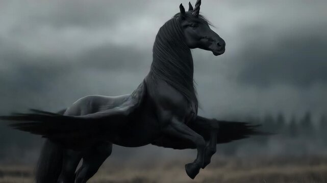 Black winged unicorn standing in a natural field under dramatic light, creating a mystical and powerful fantasy scene filled with elegance, mystery, and magical atmosphere.