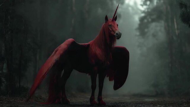 Black and red winged unicorn standing in a misty forest, surrounded by fog, creating a mystical and magical fantasy atmosphere filled with mystery and enchantment.