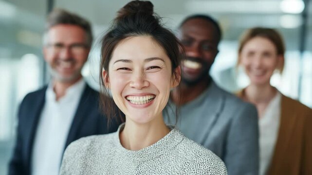 Close-up of a smiling Asian businesswoman at the office, expressing joy and confidence, with multicultural colleagues in the background, symbolizing diversity and positive workplace collaboration.