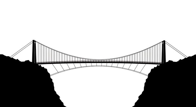 A simple black and white illustration of a suspension bridge spanning a gap between two dark, shadowy cliffs under a bright sky
