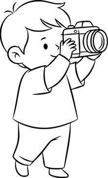 Cute Kid Photographer Holding Camera Full Body Line Art Black and White Cartoon Character Hobby Activity Child Illustration