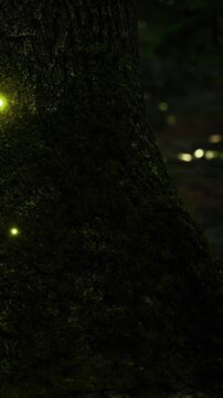 As twilight blankets the forest, fireflies illuminate the darkened woods with their shimmering lights. The atmosphere is alive with soft glows and the beauty of natures wonders.