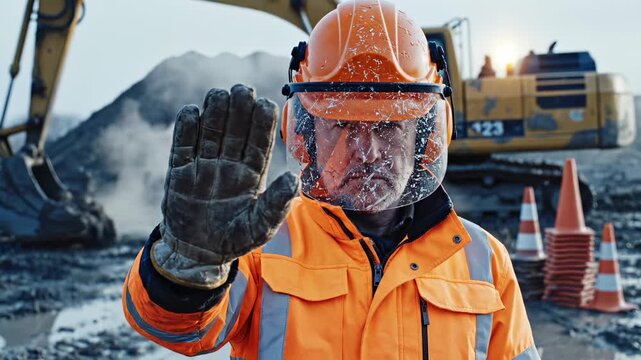 Construction worker gestures stop hand. Serious man shows stop signal at construction site. Worker in safety helmet looks at camera. Man wears helmet for safety. Industry worker signals full stop.