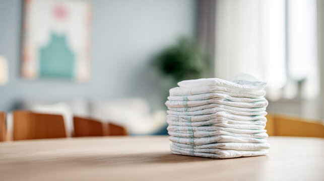 Stacking soft baby diapers on a wooden table, representing newborn care, parenthood, and essential infant needs