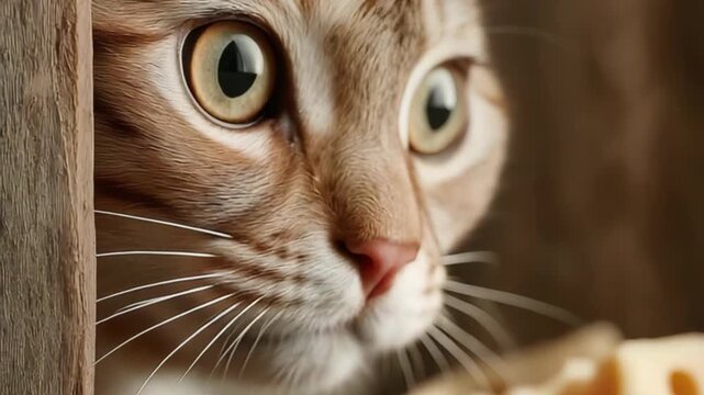 Close-up of a funny cat with big expressive eyes looking directly at the camera, capturing curiosity and playful charm in a delightful pet portrait.