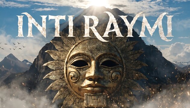 Inti Raymi, Ancient Inca Sun Temple, Gold Mask, Mystical Andes Mountains Landscape