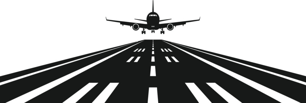Black silhouette airplane taking off on runway white