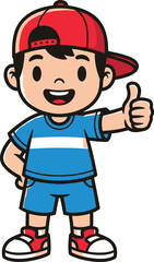 Fototapeta premium Cartoon boy wearing red cap and blue shorts giving thumbs up child
