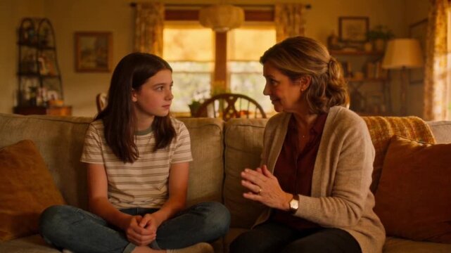 A caring grandmother talking with her granddaughter at home, capturing a warm Mother&rsquo;s Day moment filled with love, guidance, and generational bonding.