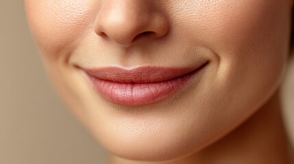 Fototapeta premium Close-Up of a Smiling Female Face Showing Soft Lips and Smooth Skin, Highlighting Natural Beauty and Facial Features with Warm Colors