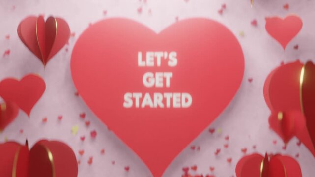 Lets get started red heart invitation with floating paper hearts and confetti background