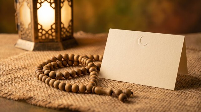 Ramadan Kareem greeting card with rosary and lantern.