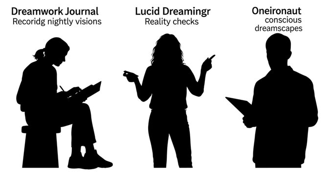 Silhouettes of people exploring consciousness and dreams against a white background
