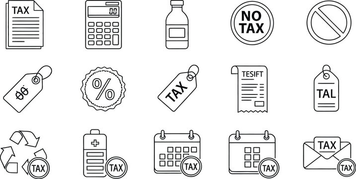 Tax related icons set bills receipts seals and financial symbols