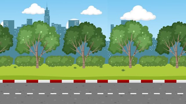 Cartoon city street animation with green park trees and urban skyline background.