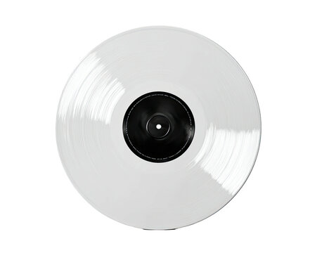 A high-angle view of a reflective white vinyl record against a pure black background