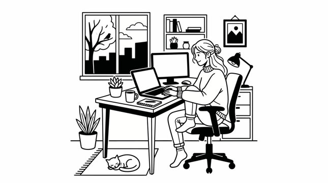 Minimalist Line Illustration of Woman Working at Desk with Large Bookshelf and Window