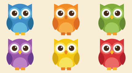 Fototapeta premium Colorful cartoon owls in different hues.