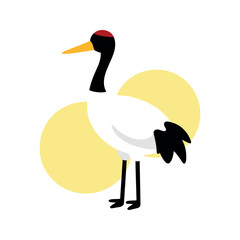 Fototapeta premium Elegant red-crowned crane stands gracefully against a soft yellow backdrop in this minimal illustration