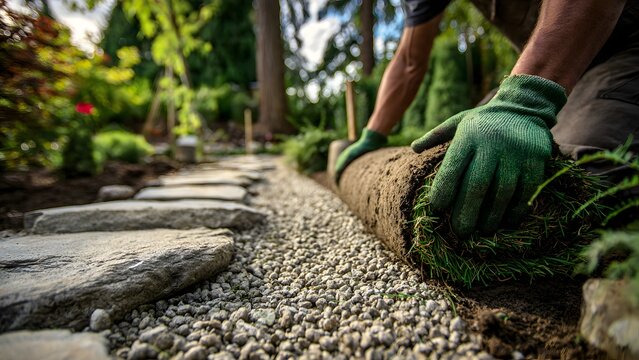 Photorealistic close‑up of gloved hands carefully stacking rough rectangular limestone blocks on a compacted gravel bed to form a low dry‑stack wall