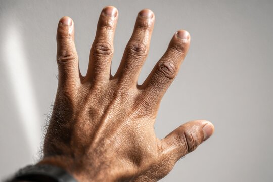 Close-up portrait of a hand showing four fingers in clear focus