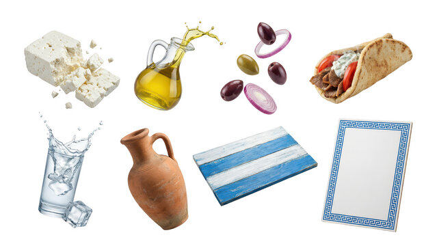 Greek Cuisine Still Life: Traditional Ingredients and Dishes Isolated on White