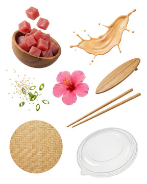 Poke Bowl Ingredients: Tuna, Sauce, and Hawaiian Elements Isolated