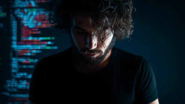 Close-up of an Asian Indian man illuminated by dramatic light with computer code running beside him, symbolizing cybersecurity, programming, and modern digital technology.