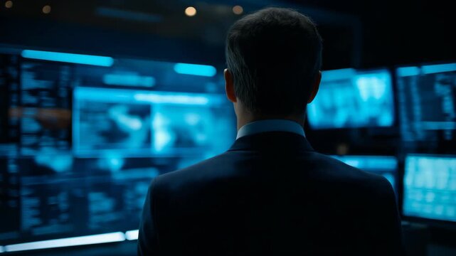Businessman standing in a high-tech room surrounded by multiple screens displaying data and analytics, symbolizing big data, financial monitoring, and advanced digital technology in a corporate