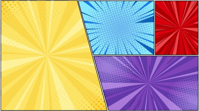 Dynamic comic book explosion background with bright colors yellow blue red purple and halftone dots motion effect.