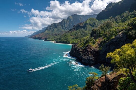 Coastal Panorama of Kauai&acirc;&euro;&trade;s Na Pali Coast with Lush Green Cliffs