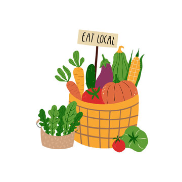 Vector illustration of basket with fresh vegetables and eat local sign. Includes pumpkin, corn, carrot, tomato and greens. Modern flat style design for farm, organic food and healthy lifestyle themes