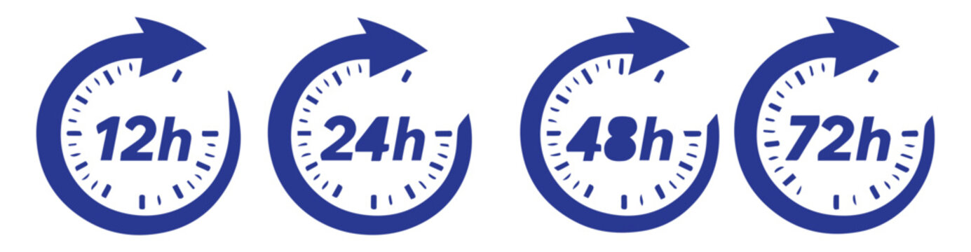 12, 24, 48 and 72 hours clock arrow. Delivery and service time. Vector icon Illustration.