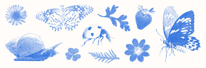 Blue cyanotype elements asset pack. Stipple dot overlay texture with flower, snail, butterflies, ladybug and strawberry silhouette. Delicate indigo blue nature vector stickers. © gorozhinak