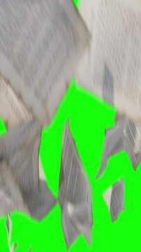 Flying paper pages transition on green screen vertical video