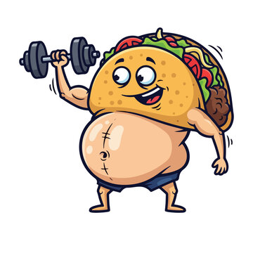 Cartoon taco character lifting weights with it's a vector illustration character dumbbell illustration