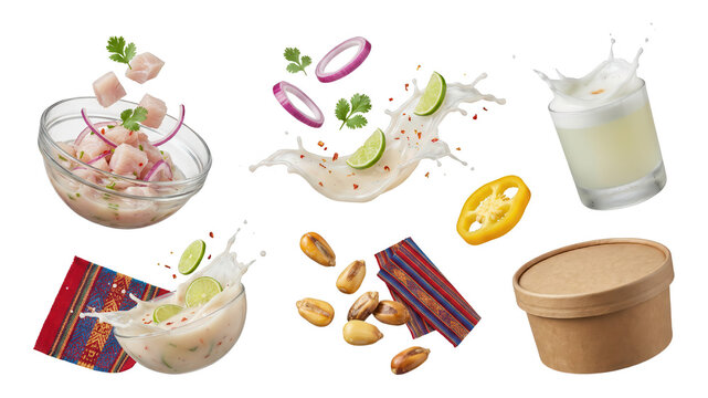 Peruvian Ceviche and Pisco Sour: Colorful Still Life of Traditional Dishes on White