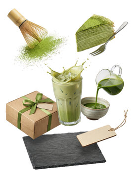Matcha Green Tea Dessert Set on White Background