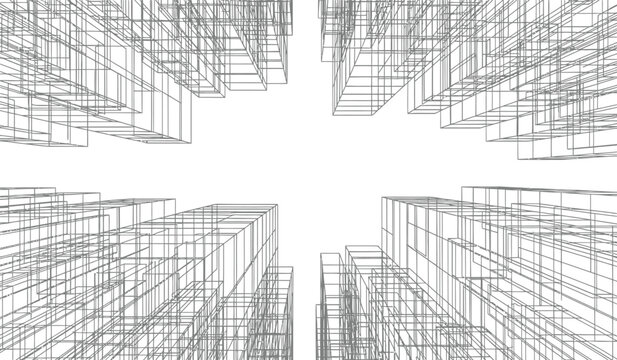 An abstract architectural rendering depicts a network of towering skyscrapers viewed from below creating a dynamic and futuristic cityscape silhouette high quality professional detailed