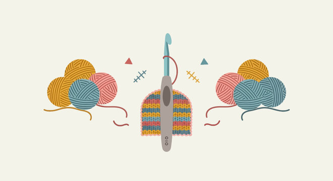 Colorful crochet hook and yarn balls forming geometric design illustration in flat vector style with textured details soft tones and craft elements