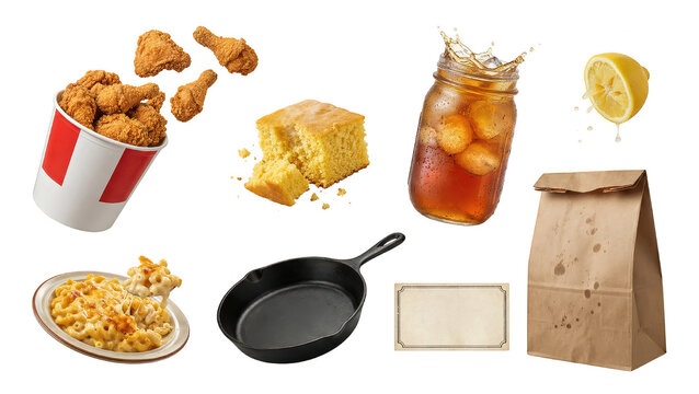 Southern Comfort Food Still Life with Chicken on White