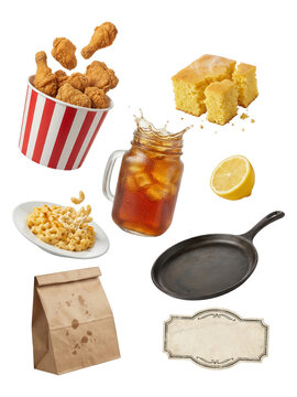 Southern Comfort Food Still Life with Fried Chicken on White