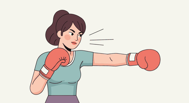 Confident woman boxer with red boxing gloves throwing a punch in cartoon vector illustration style on a light cream background
