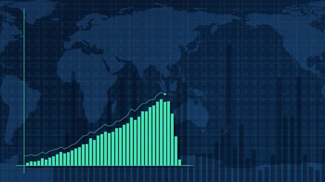 Dynamic business chart with increasing green bars and line graph against a blue world map background showing financial growth and data visualization.