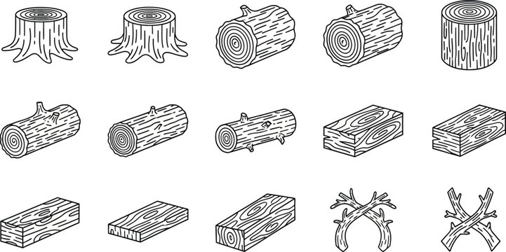 Various wooden logs and stumps in black and white tree trunks wooden planks